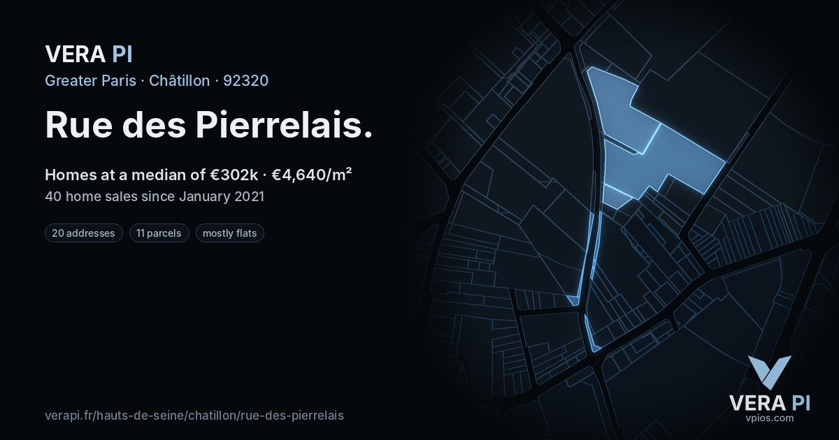 Rue des Pierrelais, Châtillon at night – every parcel coloured by the prices around it, the street's own parcels lit