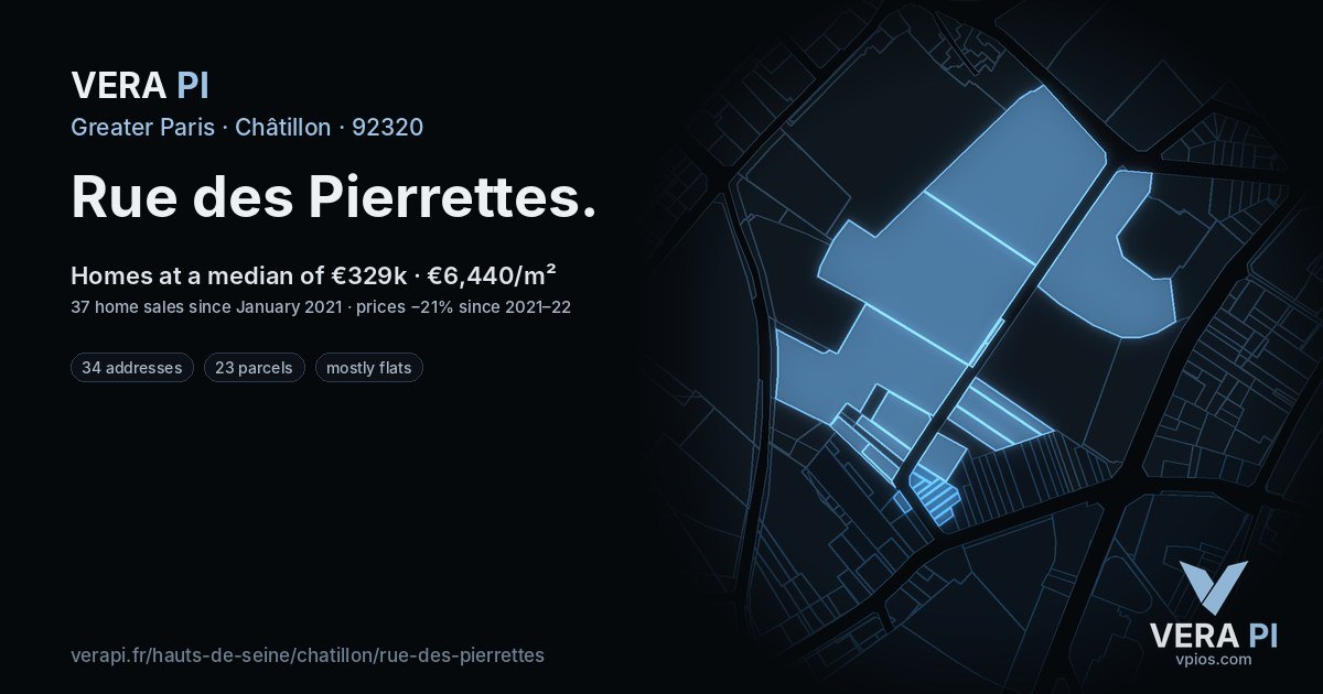 Rue des Pierrettes, Châtillon at night – every parcel coloured by the prices around it, the street's own parcels lit
