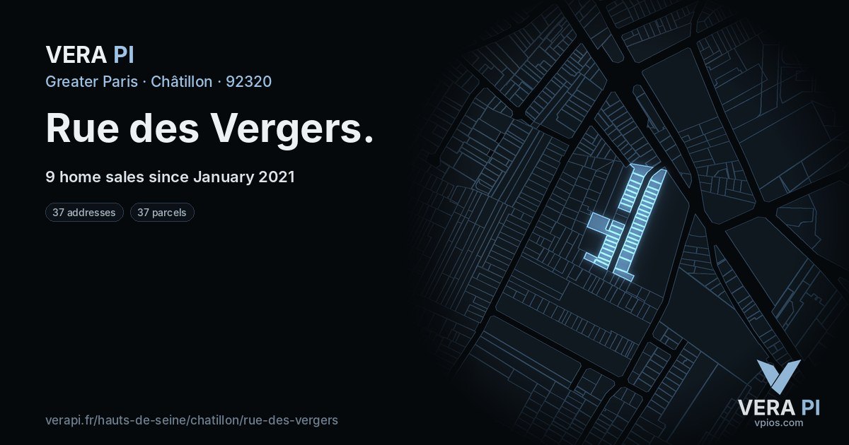 Rue des Vergers, Châtillon at night – every parcel coloured by the prices around it, the street's own parcels lit