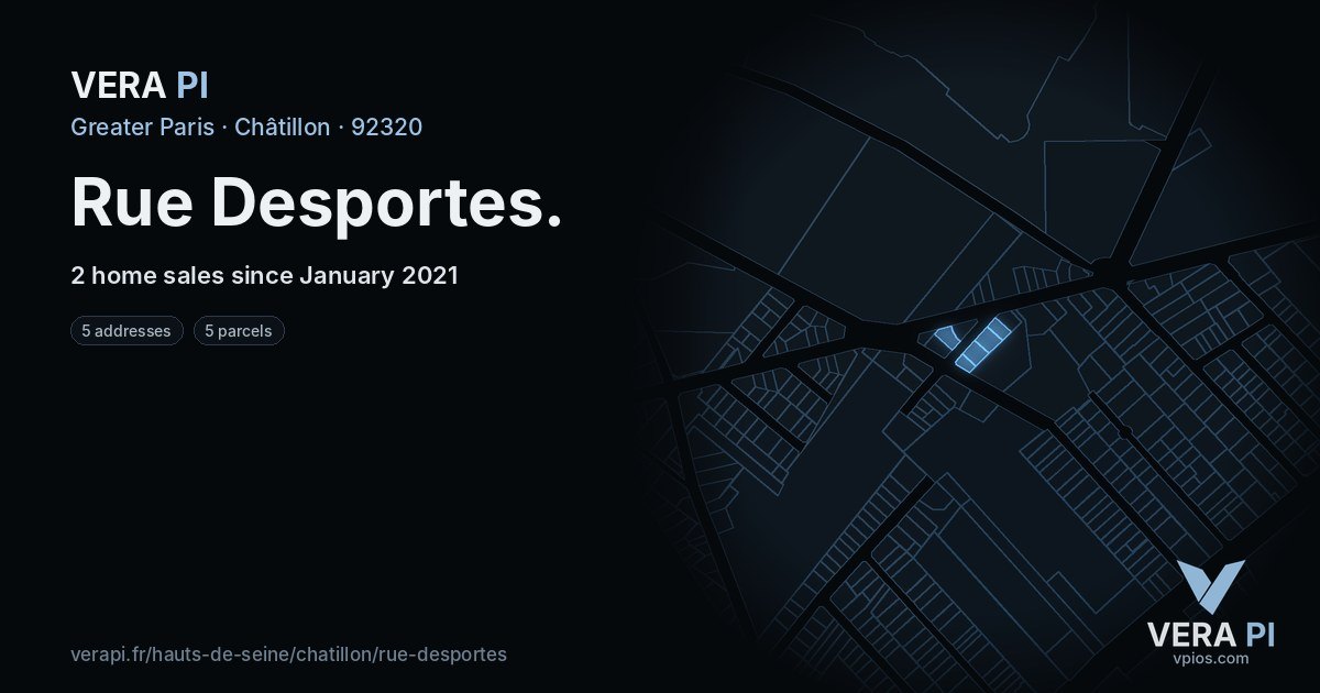 Rue Desportes, Châtillon at night – every parcel coloured by the prices around it, the street's own parcels lit