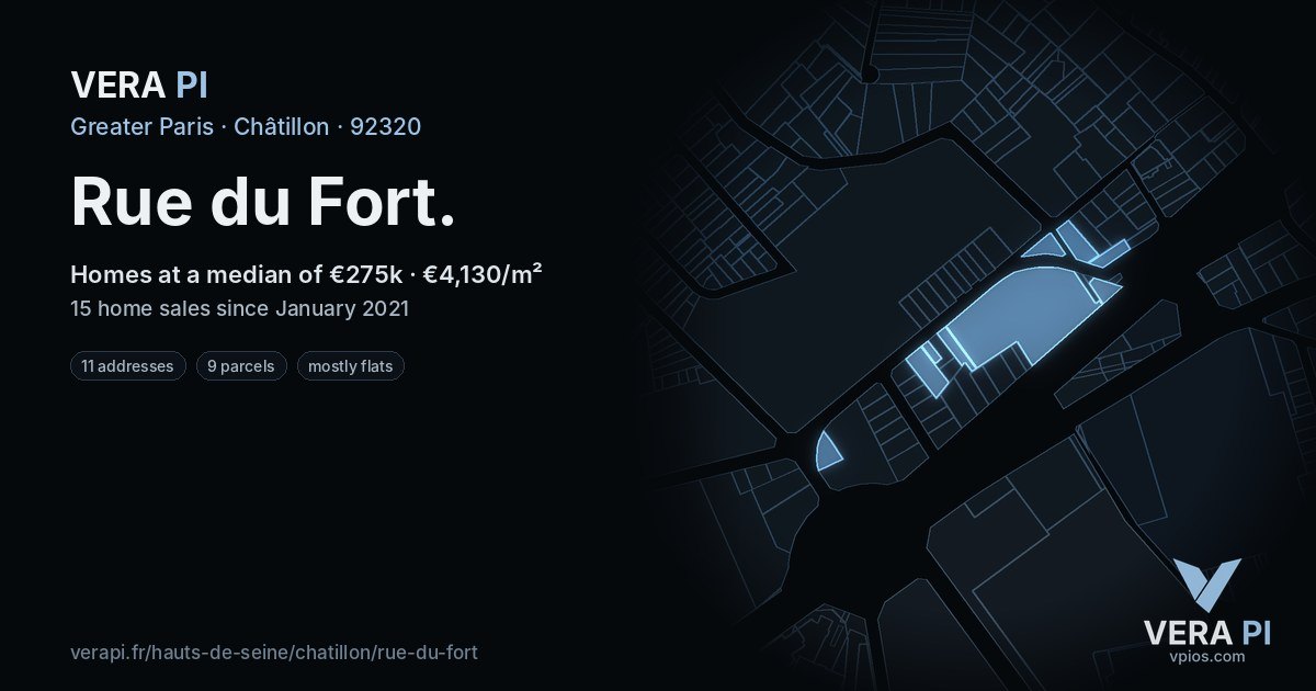 Rue du Fort, Châtillon at night – every parcel coloured by the prices around it, the street's own parcels lit