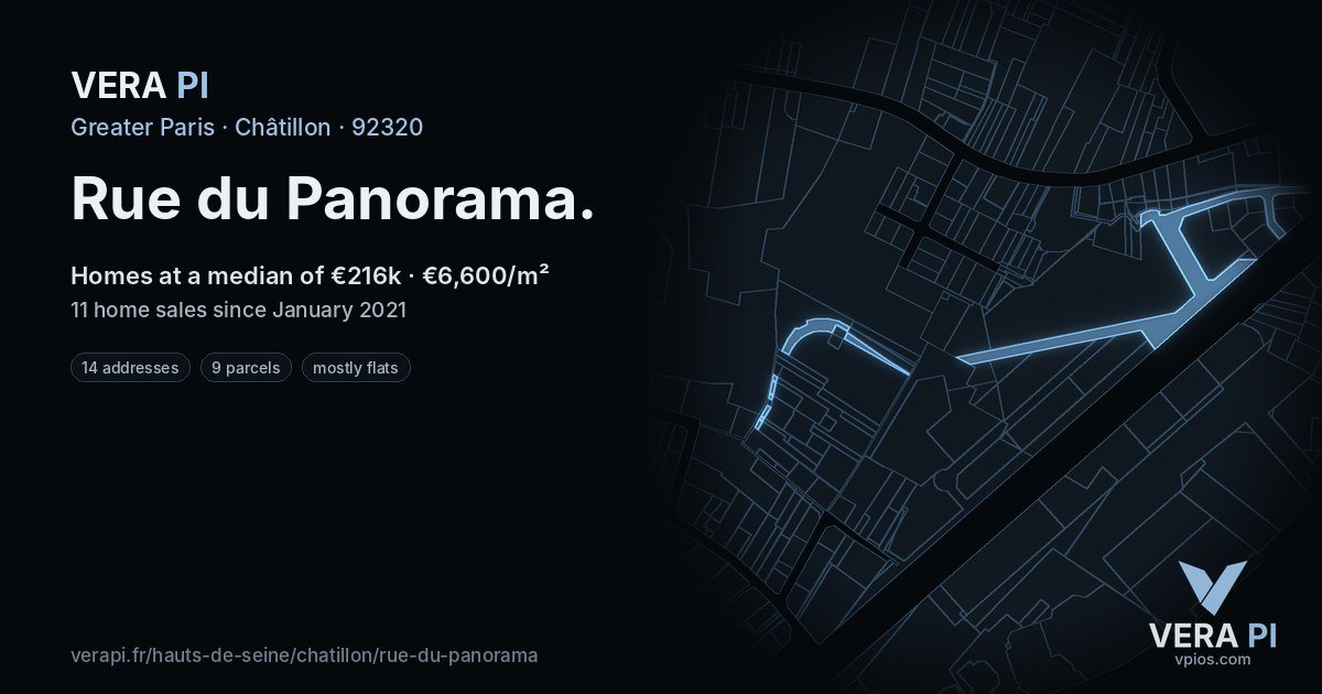Rue du Panorama, Châtillon at night – every parcel coloured by the prices around it, the street's own parcels lit
