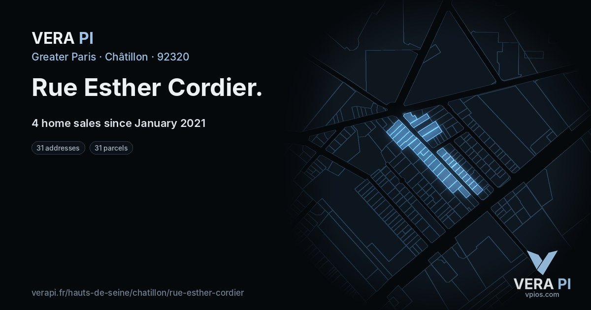 Rue Esther Cordier, Châtillon at night – every parcel coloured by the prices around it, the street's own parcels lit