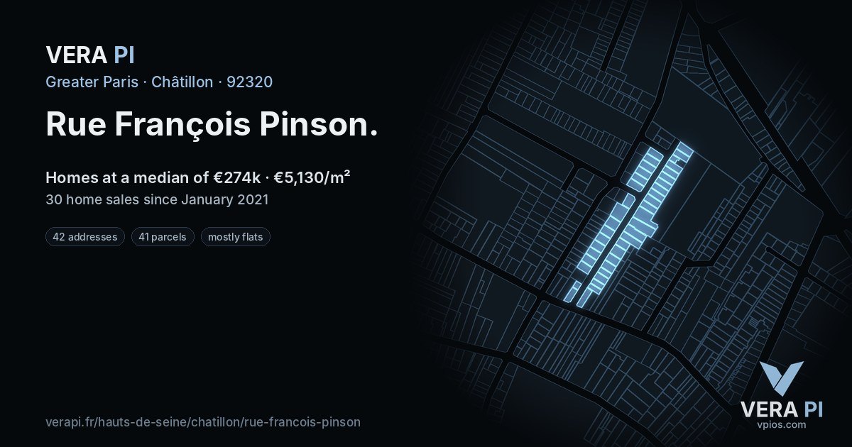 Rue François Pinson, Châtillon at night – every parcel coloured by the prices around it, the street's own parcels lit