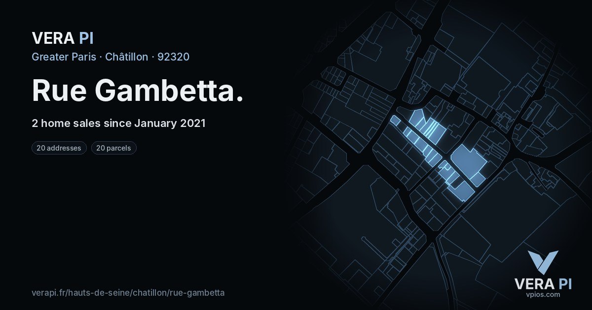 Rue Gambetta, Châtillon at night – every parcel coloured by the prices around it, the street's own parcels lit