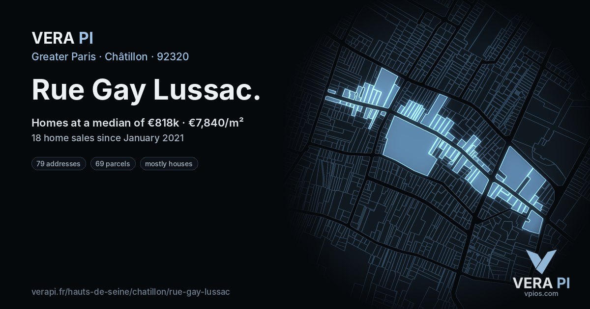 Rue Gay Lussac, Châtillon at night – every parcel coloured by the prices around it, the street's own parcels lit