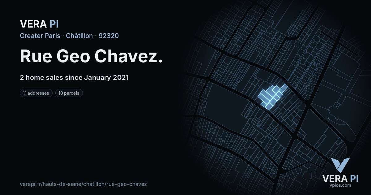 Rue Geo Chavez, Châtillon at night – every parcel coloured by the prices around it, the street's own parcels lit