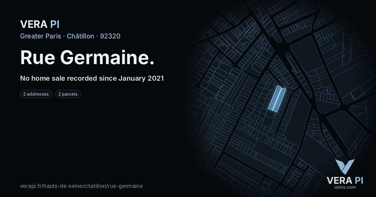 Rue Germaine, Châtillon at night – every parcel coloured by the prices around it, the street's own parcels lit