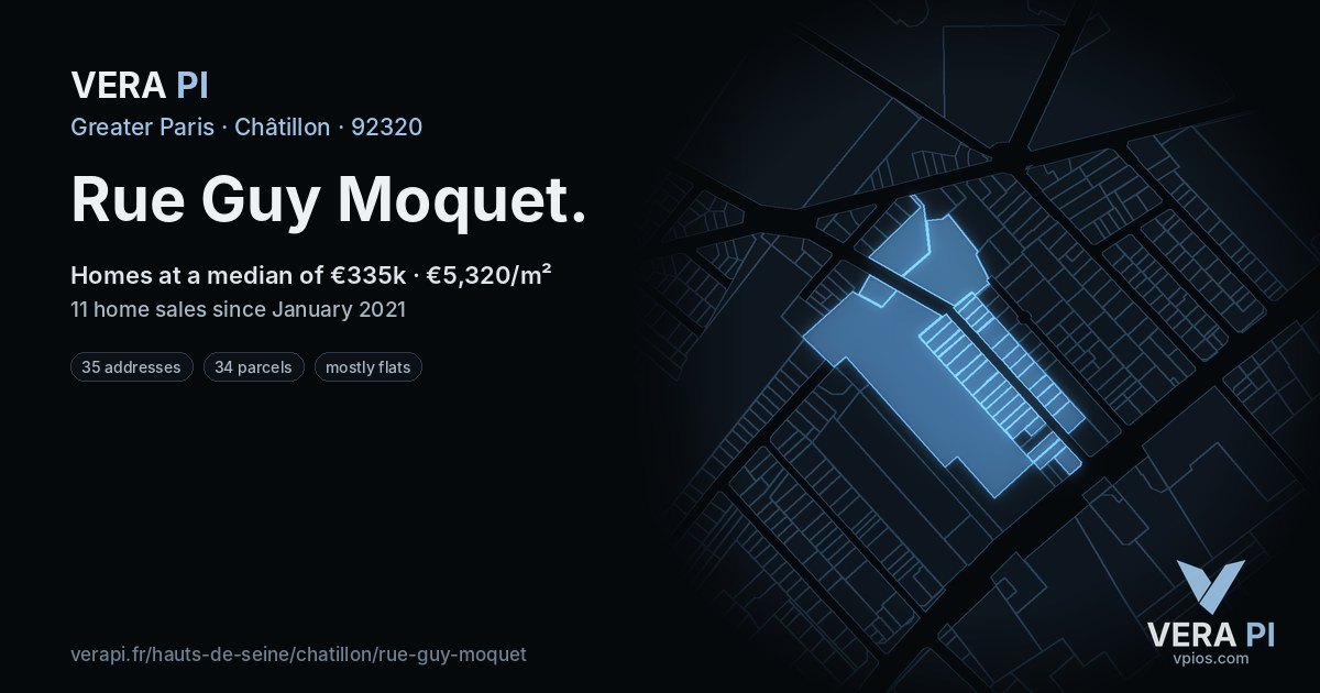 Rue Guy Moquet, Châtillon at night – every parcel coloured by the prices around it, the street's own parcels lit