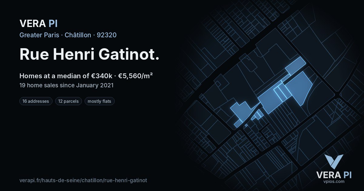 Rue Henri Gatinot, Châtillon at night – every parcel coloured by the prices around it, the street's own parcels lit