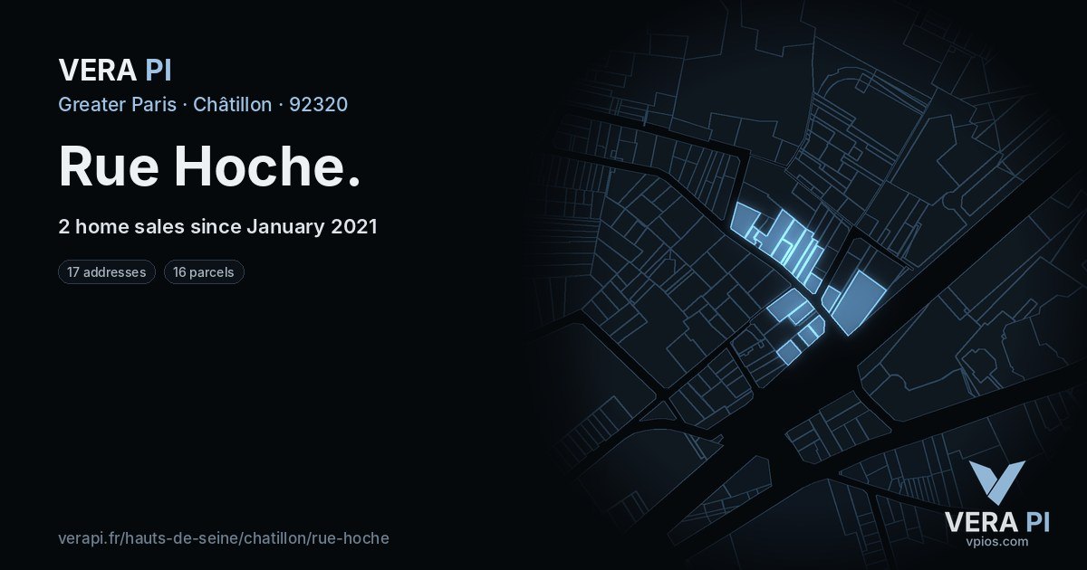 Rue Hoche, Châtillon at night – every parcel coloured by the prices around it, the street's own parcels lit