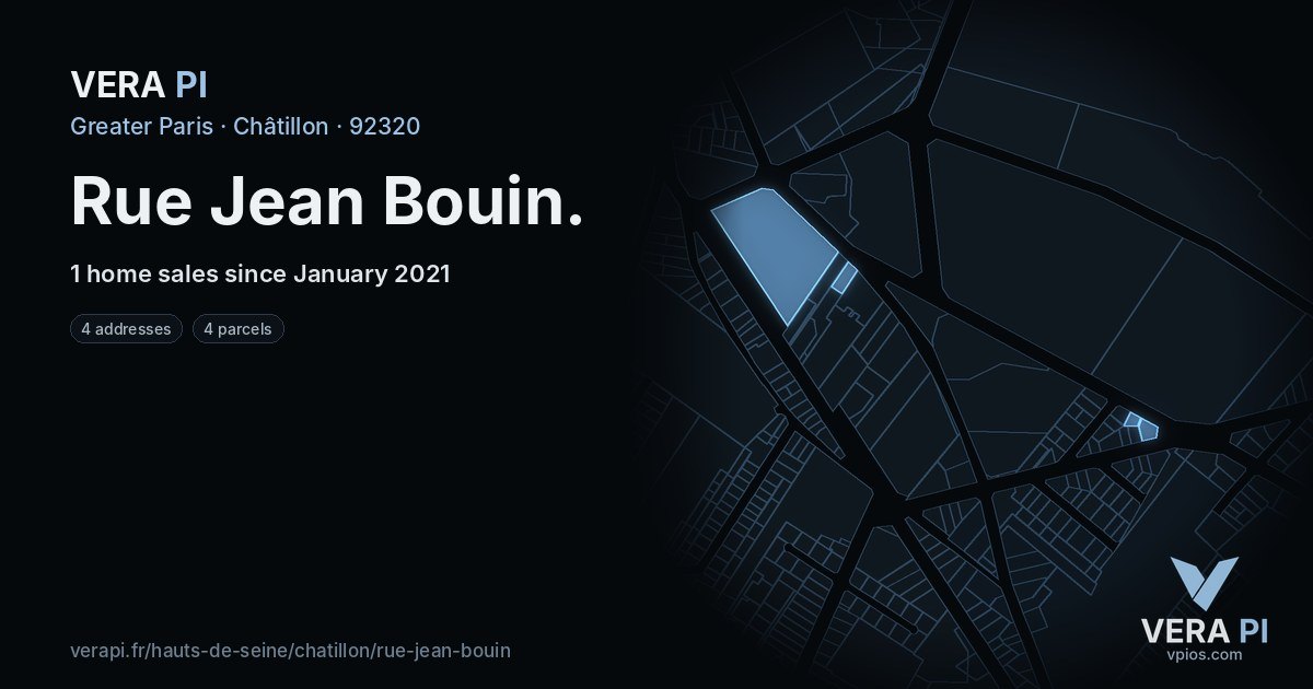 Rue Jean Bouin, Châtillon at night – every parcel coloured by the prices around it, the street's own parcels lit