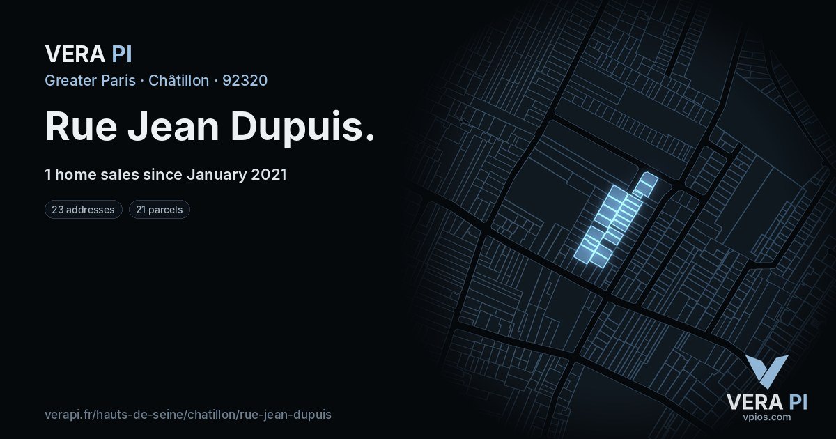 Rue Jean Dupuis, Châtillon at night – every parcel coloured by the prices around it, the street's own parcels lit