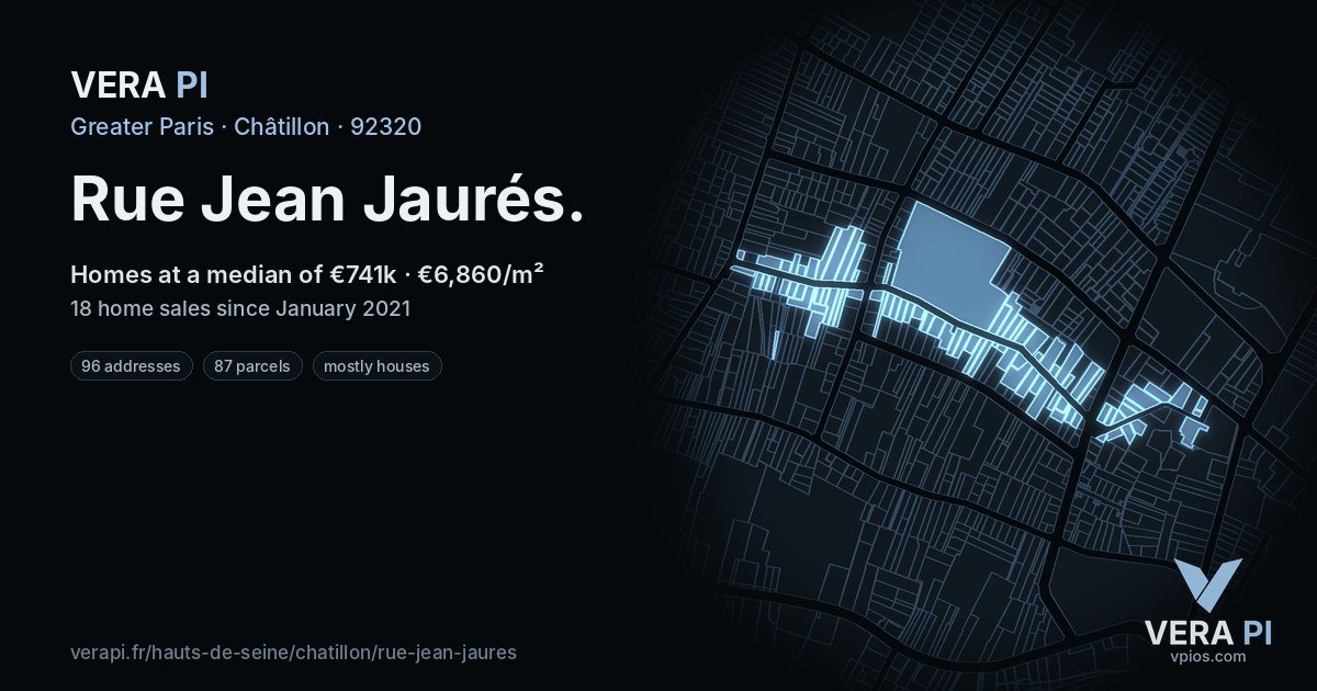 Rue Jean Jaurés, Châtillon at night – every parcel coloured by the prices around it, the street's own parcels lit