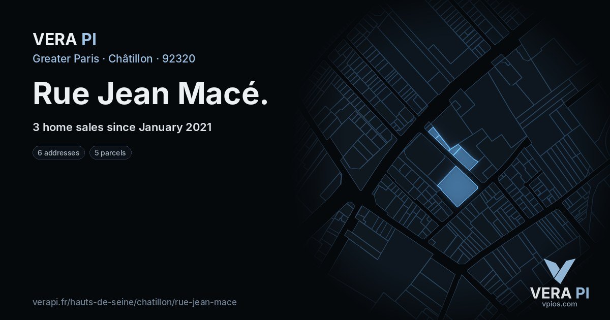 Rue Jean Macé, Châtillon at night – every parcel coloured by the prices around it, the street's own parcels lit