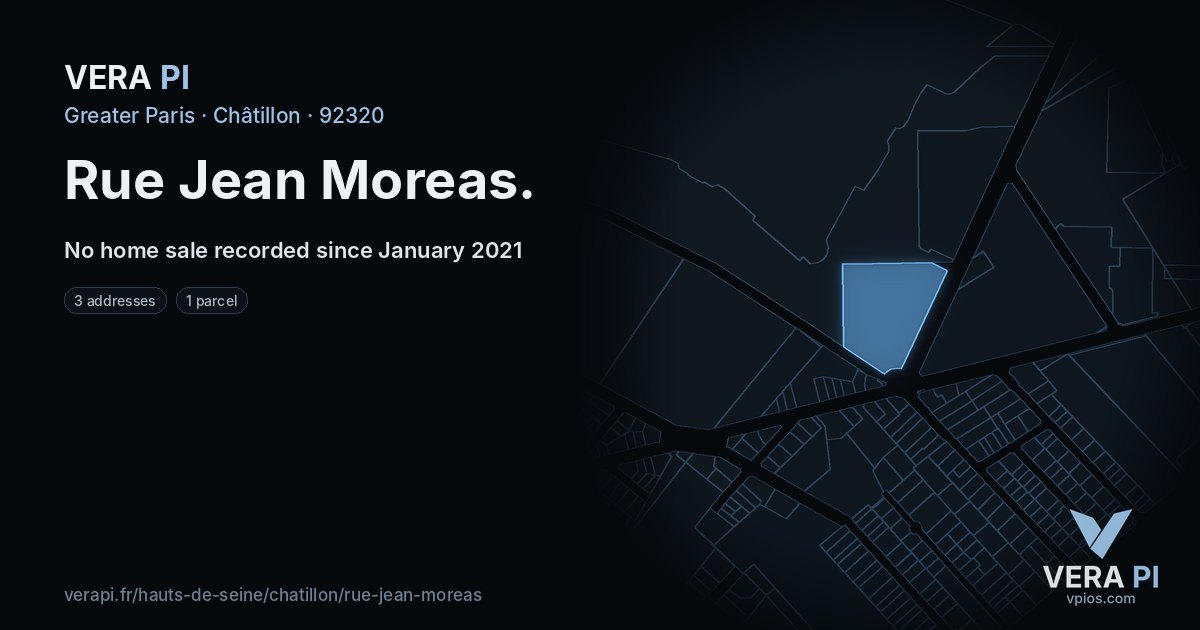 Rue Jean Moreas, Châtillon at night – every parcel coloured by the prices around it, the street's own parcels lit