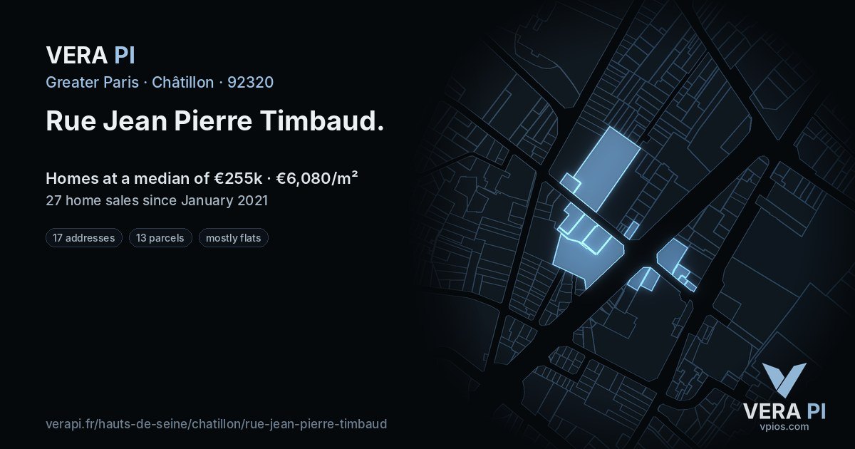 Rue Jean Pierre Timbaud, Châtillon at night – every parcel coloured by the prices around it, the street's own parcels lit