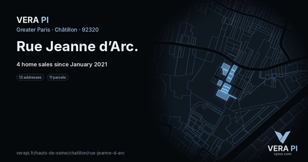 Rue Jeanne d’Arc, Châtillon at night – every parcel coloured by the prices around it, the street's own parcels lit