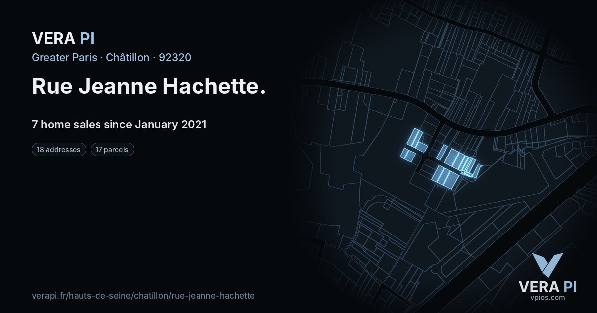 Rue Jeanne Hachette, Châtillon at night – every parcel coloured by the prices around it, the street's own parcels lit
