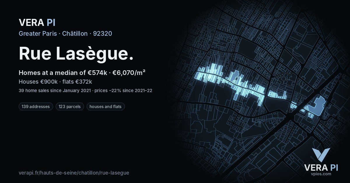 Rue Lasègue, Châtillon at night – every parcel coloured by the prices around it, the street's own parcels lit