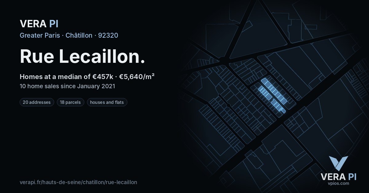 Rue Lecaillon, Châtillon at night – every parcel coloured by the prices around it, the street's own parcels lit