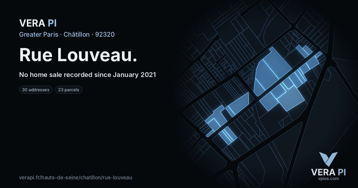 Rue Louveau, Châtillon at night – every parcel coloured by the prices around it, the street's own parcels lit