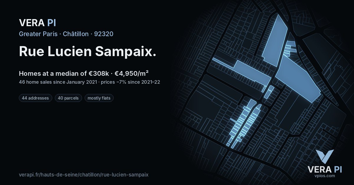 Rue Lucien Sampaix, Châtillon at night – every parcel coloured by the prices around it, the street's own parcels lit