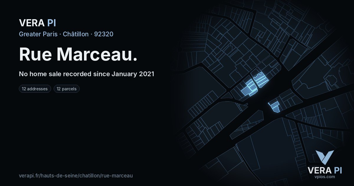 Rue Marceau, Châtillon at night – every parcel coloured by the prices around it, the street's own parcels lit