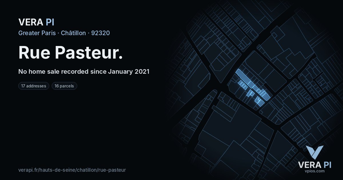 Rue Pasteur, Châtillon at night – every parcel coloured by the prices around it, the street's own parcels lit