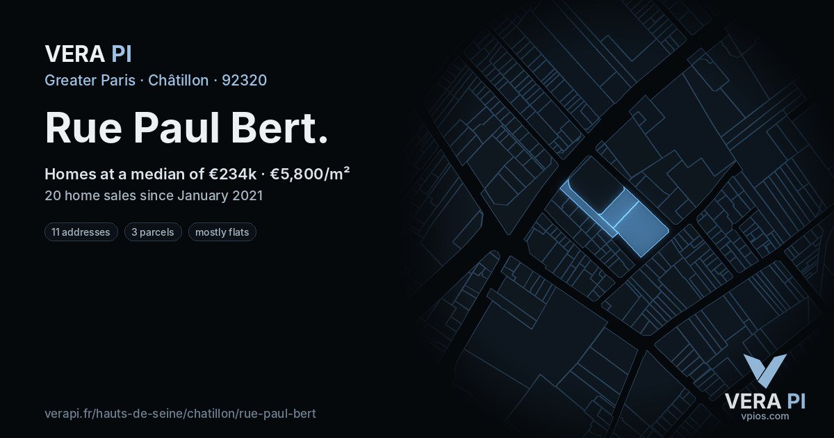 Rue Paul Bert, Châtillon at night – every parcel coloured by the prices around it, the street's own parcels lit