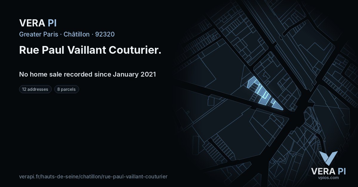 Rue Paul Vaillant Couturier, Châtillon at night – every parcel coloured by the prices around it, the street's own parcels lit