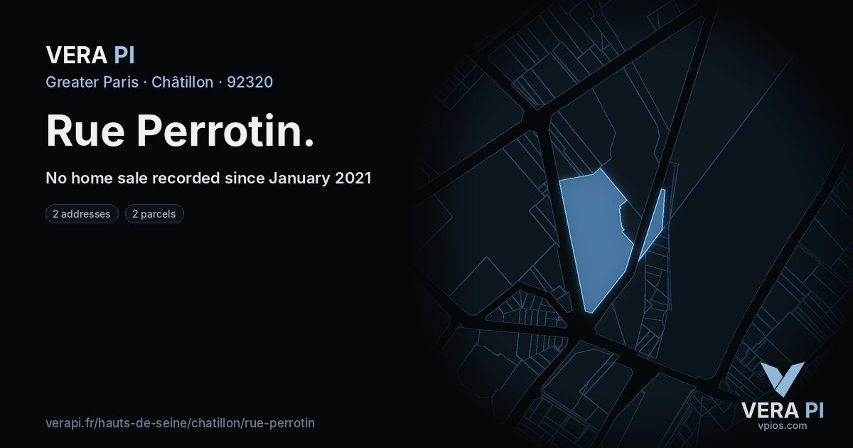 Rue Perrotin, Châtillon at night – every parcel coloured by the prices around it, the street's own parcels lit