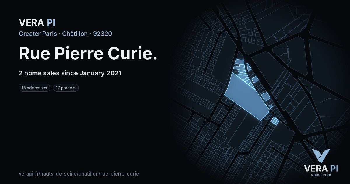 Rue Pierre Curie, Châtillon at night – every parcel coloured by the prices around it, the street's own parcels lit