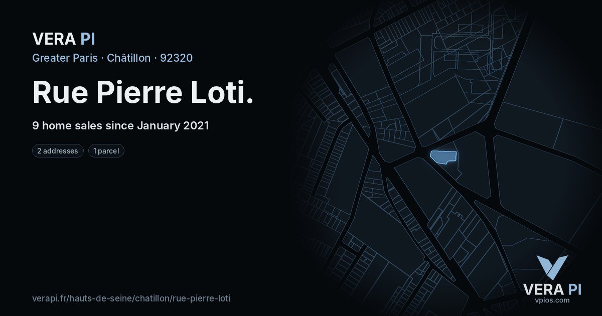 Rue Pierre Loti, Châtillon at night – every parcel coloured by the prices around it, the street's own parcels lit
