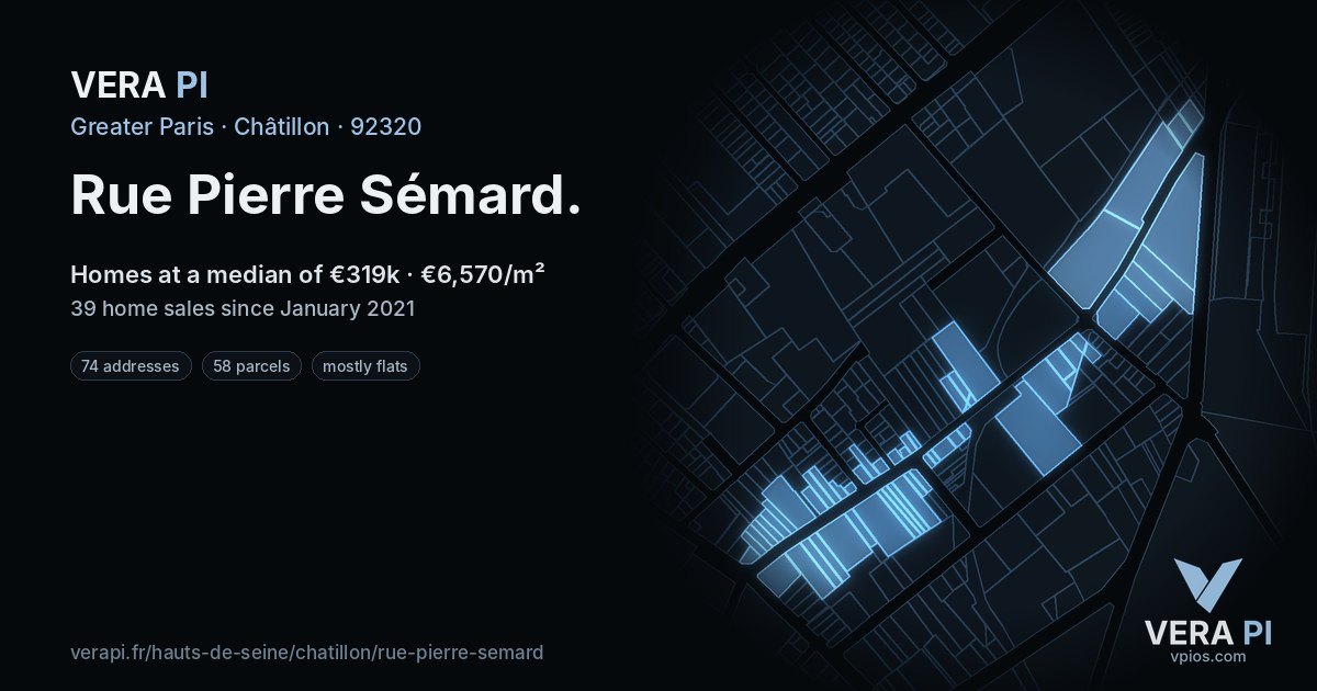 Rue Pierre Sémard, Châtillon at night – every parcel coloured by the prices around it, the street's own parcels lit