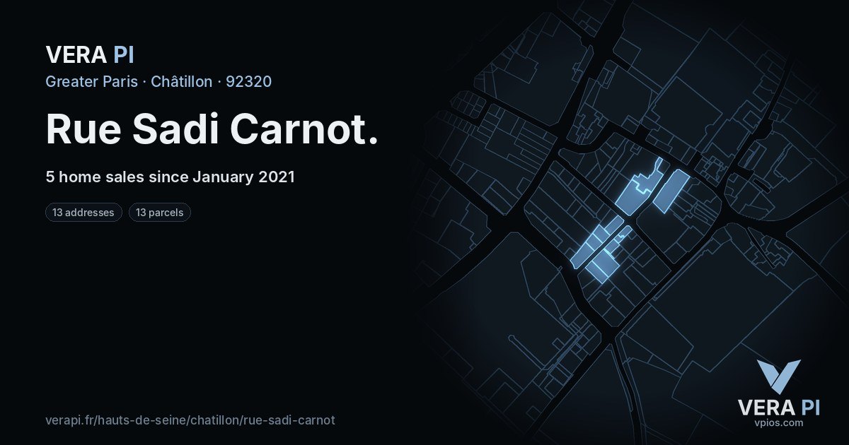 Rue Sadi Carnot, Châtillon at night – every parcel coloured by the prices around it, the street's own parcels lit