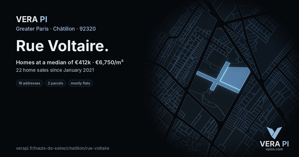 Rue Voltaire, Châtillon at night – every parcel coloured by the prices around it, the street's own parcels lit