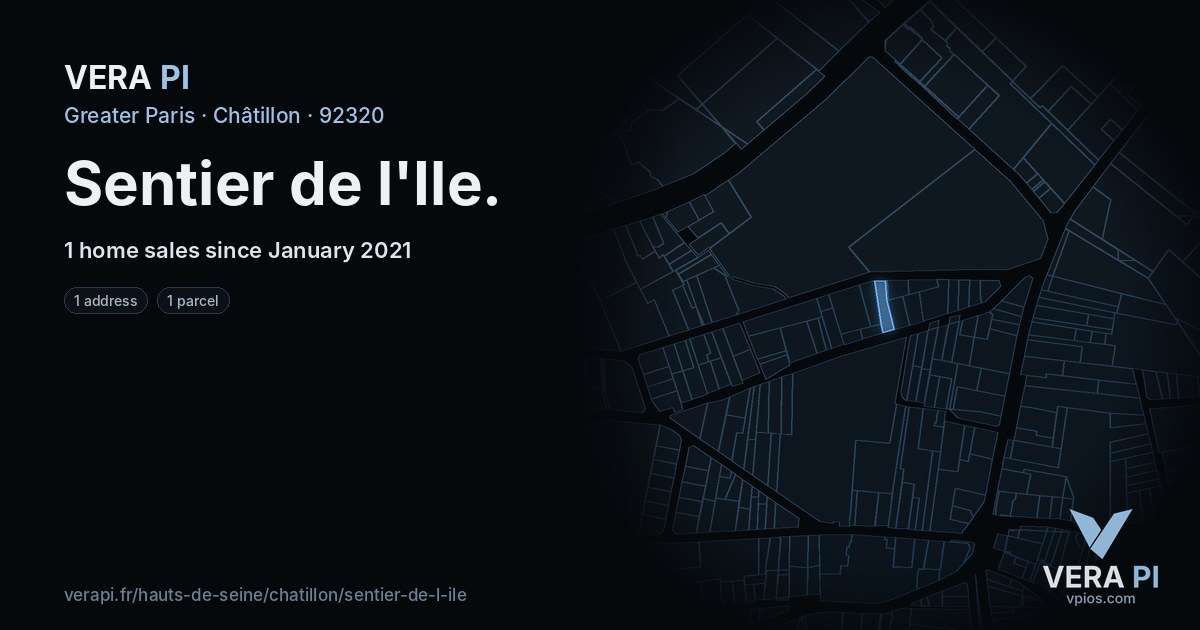 Sentier de l'Ile, Châtillon at night – every parcel coloured by the prices around it, the street's own parcels lit