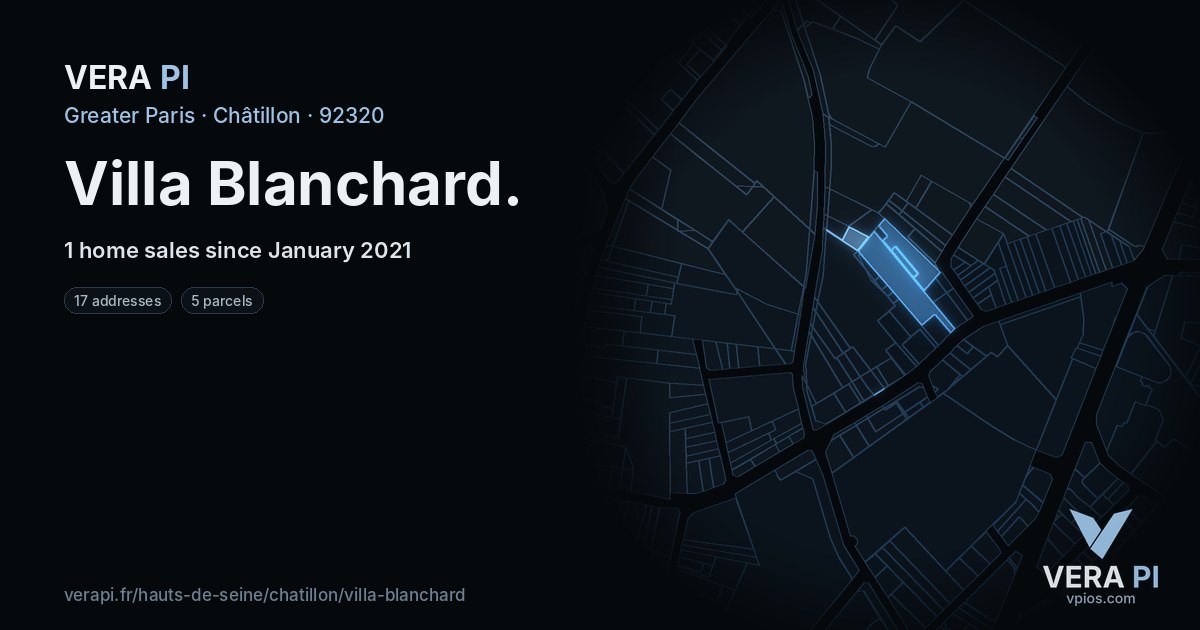 Villa Blanchard, Châtillon at night – every parcel coloured by the prices around it, the street's own parcels lit