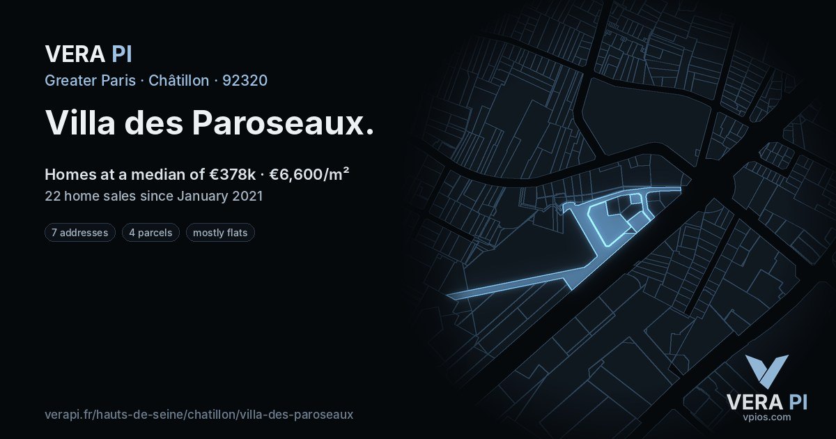 Villa des Paroseaux, Châtillon at night – every parcel coloured by the prices around it, the street's own parcels lit