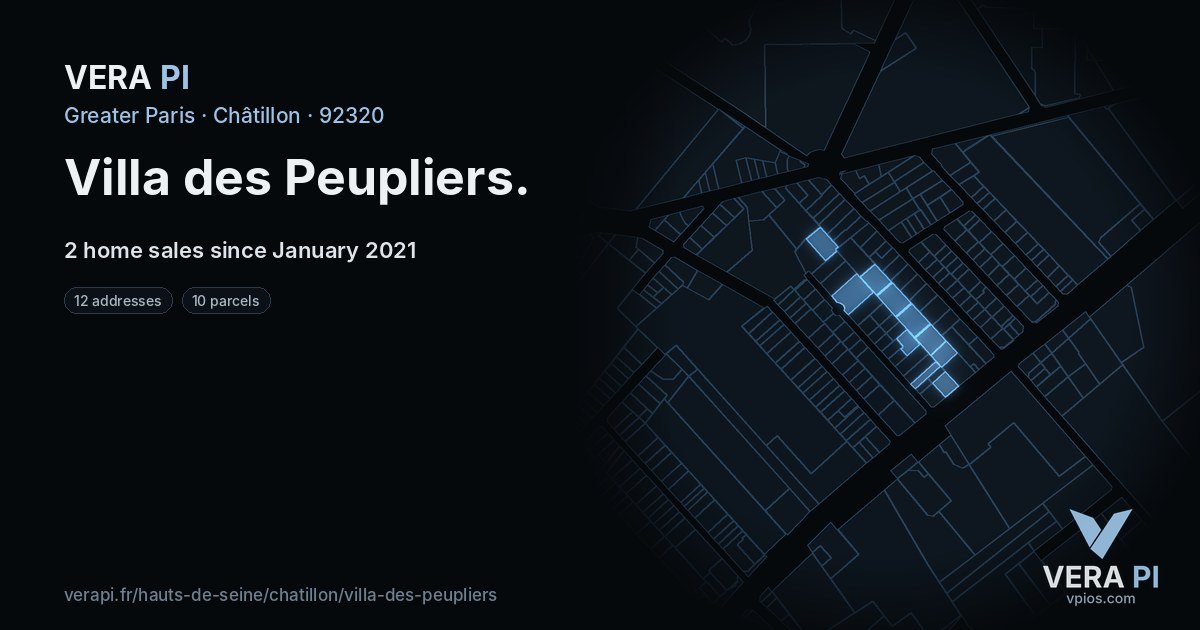 Villa des Peupliers, Châtillon at night – every parcel coloured by the prices around it, the street's own parcels lit