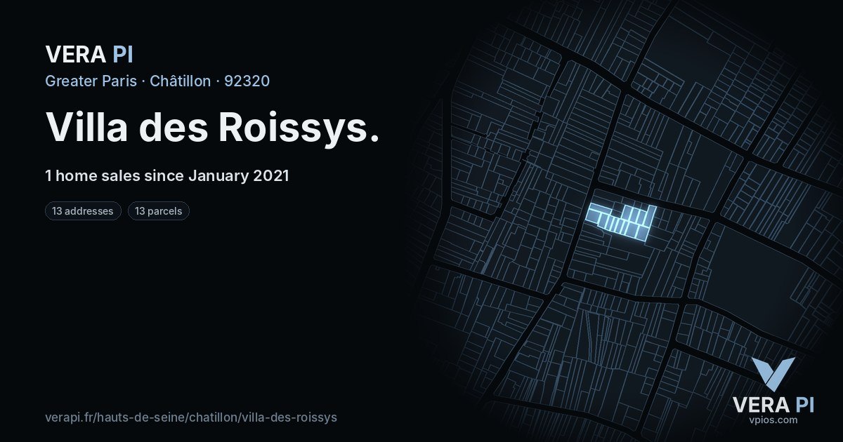 Villa des Roissys, Châtillon at night – every parcel coloured by the prices around it, the street's own parcels lit