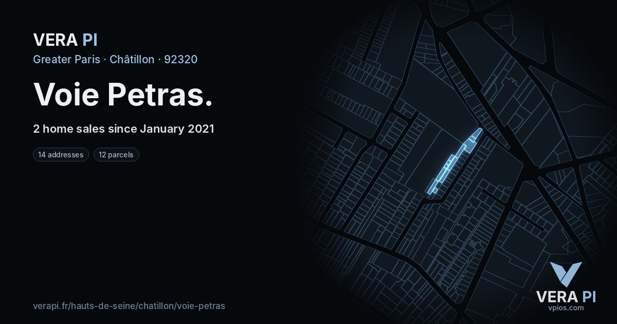 Voie Petras, Châtillon at night – every parcel coloured by the prices around it, the street's own parcels lit