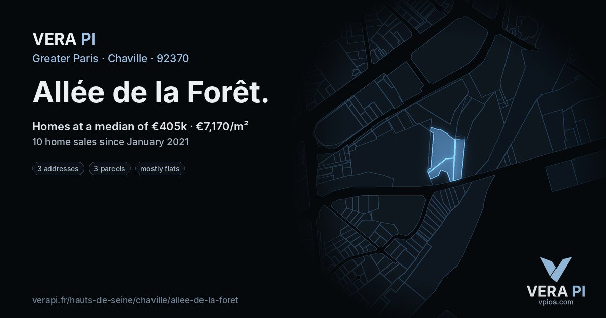 Allée de la Forêt, Chaville at night – every parcel coloured by the prices around it, the street's own parcels lit