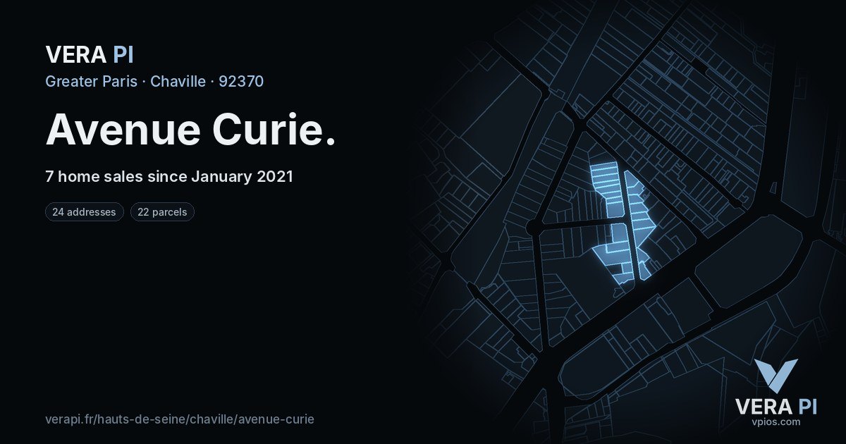 Avenue Curie, Chaville at night – every parcel coloured by the prices around it, the street's own parcels lit