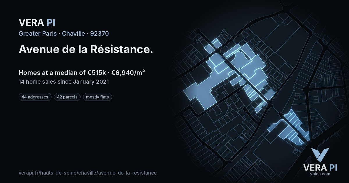 Avenue de la Résistance, Chaville at night – every parcel coloured by the prices around it, the street's own parcels lit