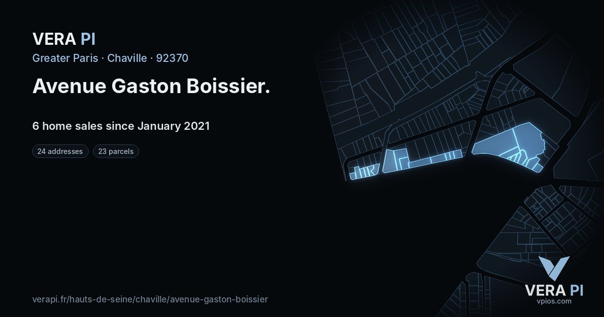 Avenue Gaston Boissier, Chaville at night – every parcel coloured by the prices around it, the street's own parcels lit