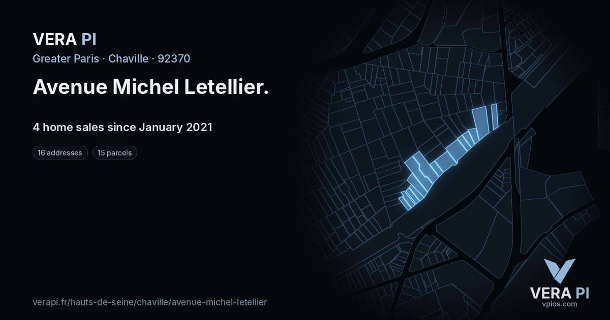 Avenue Michel Letellier, Chaville at night – every parcel coloured by the prices around it, the street's own parcels lit