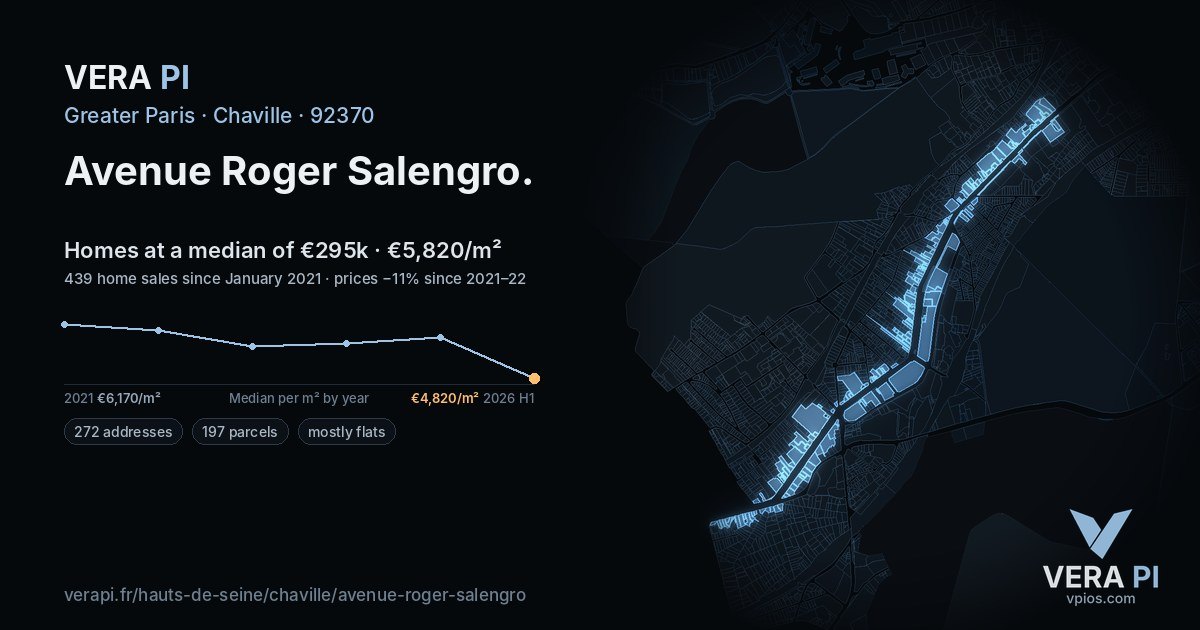 Avenue Roger Salengro, Chaville at night – every parcel coloured by the prices around it, the street's own parcels lit