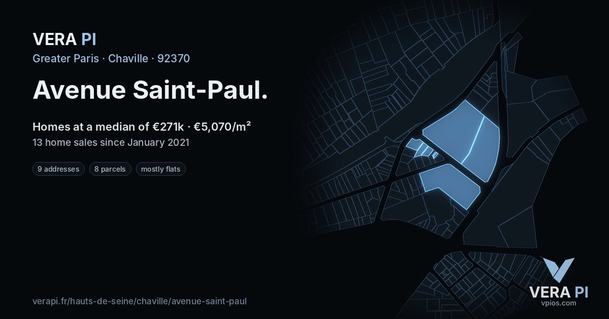 Avenue Saint-Paul, Chaville at night – every parcel coloured by the prices around it, the street's own parcels lit